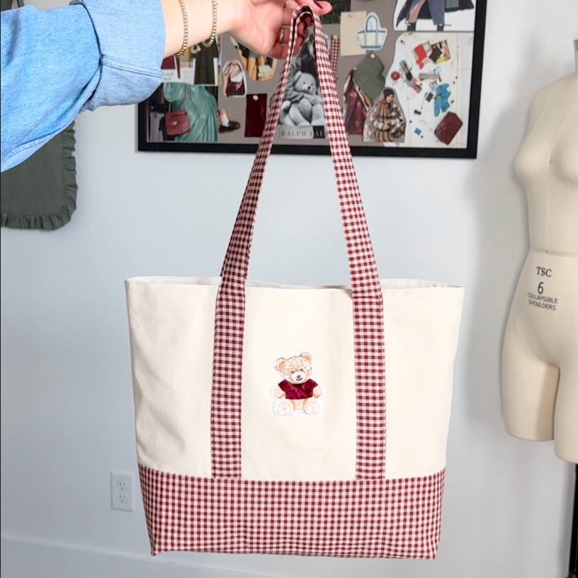 Canvas tote bag with a teddy bear with red burgundy maroon plaid fabric, tuorial to make a tote bag, tutorial to make a traderjoes bag, tutorial to make canvas tote bag