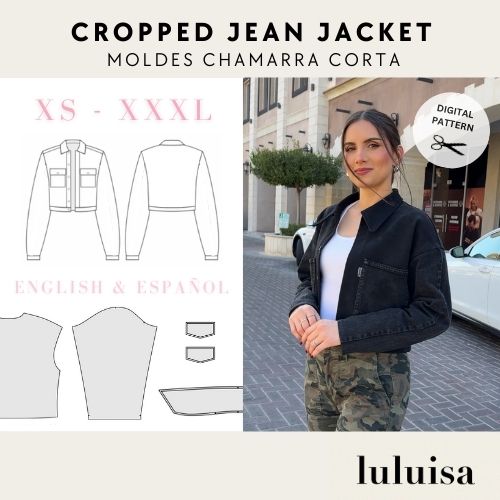 cropped jean jacket upcycle jeans into a jacket upcycling denim pants into a crop jacket shacket shirt sewing patterns luluisa scissors denim imluluisa patrones designerluisa chamarra de mezclilla patchwork jacket patchwork chaqueta luluisa