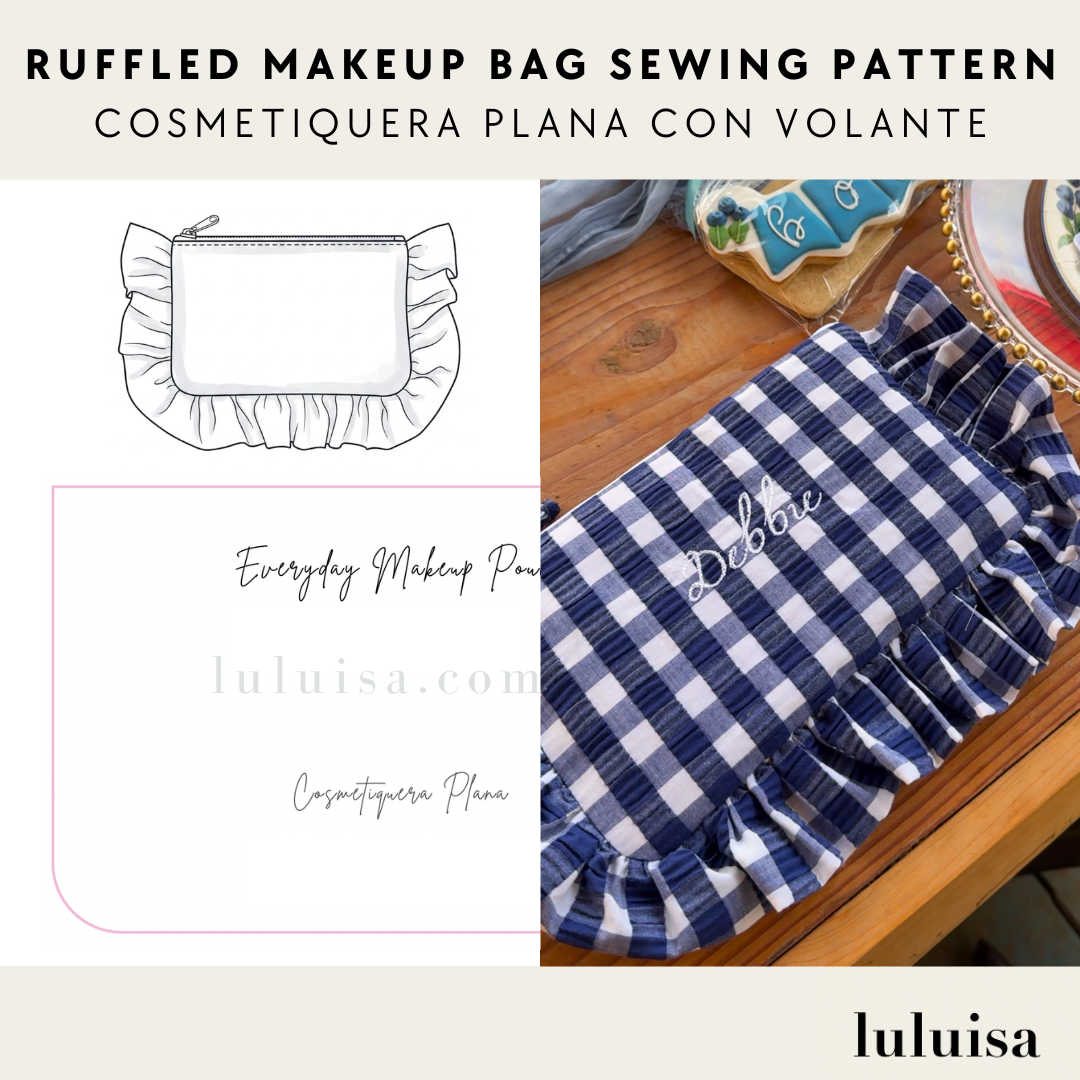 Ruffled makeup bag sewing pattern with blue and white checkered bag and 'luluisa' branding.