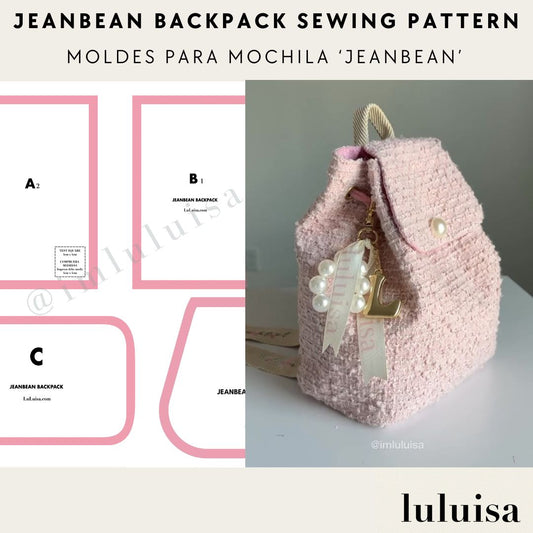 Pink tweed backpack sewing pattern with a completed pink backpack on a white surface, featuring the brand 'luluisa'.