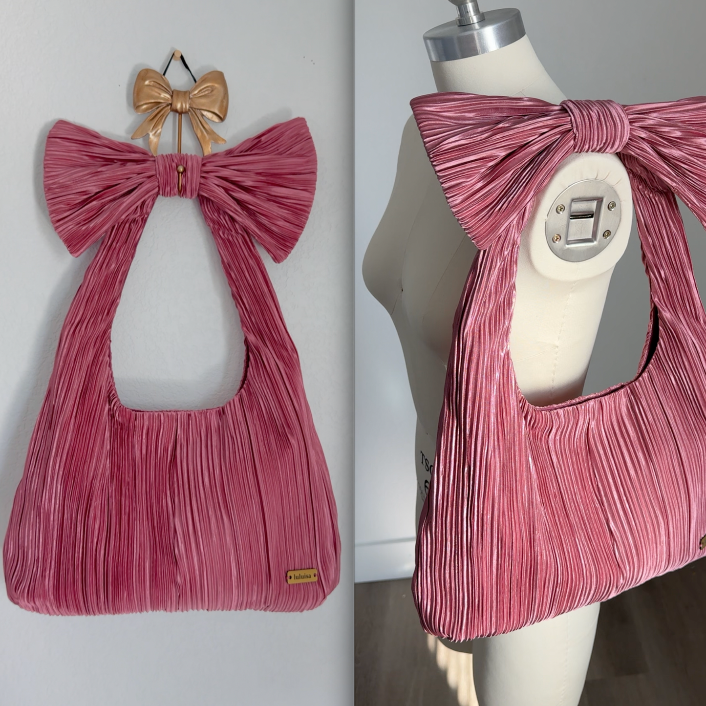 Pink pleated handbag with a large bow on a mannequin and wall hook.
