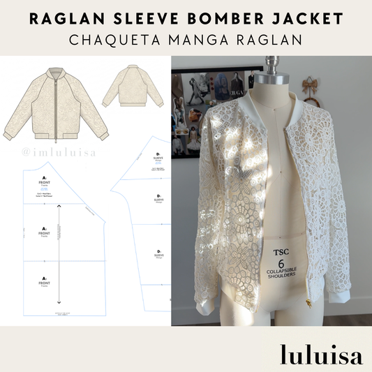 White lace raglan sleeve bomber jacket on a mannequin with pattern diagram and 'luluisa' branding.