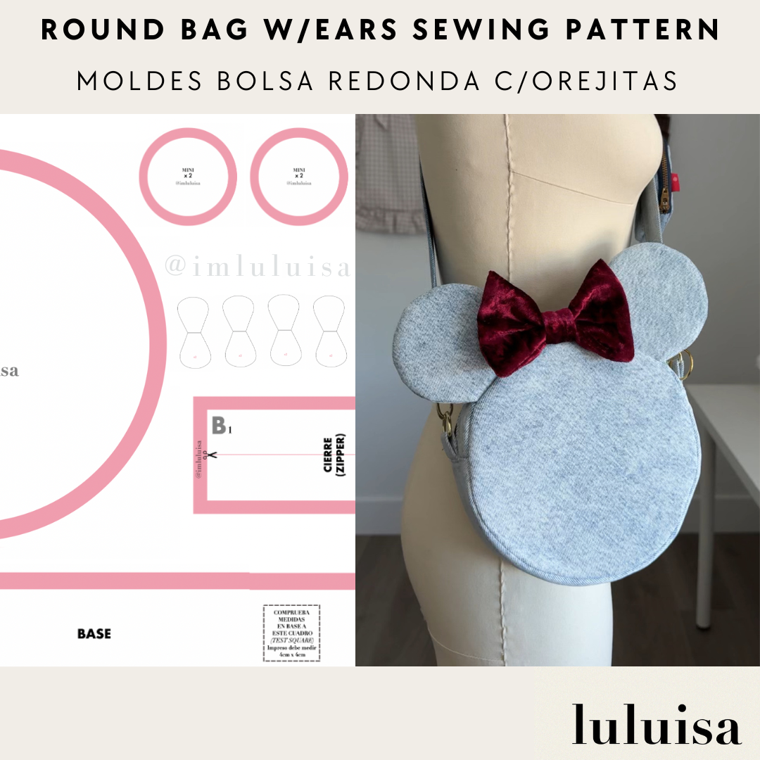 Round bag with ears sewing pattern and completed bag on a mannequin by luluisa, disney crossbody bag sewing patterns, disney bag, bolsa disney tutorial patrones moldes de costura designerluisa
