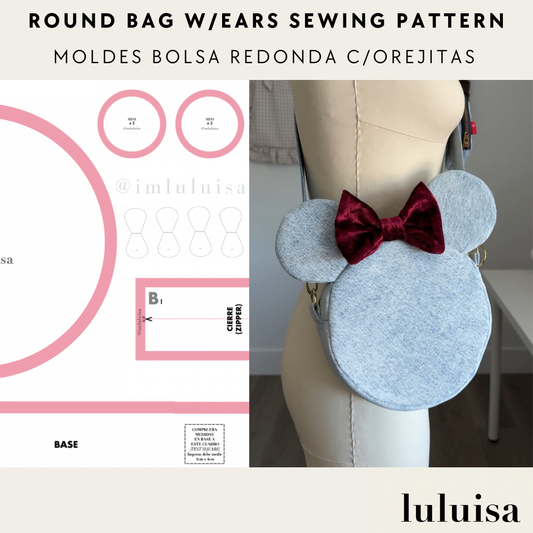 Round bag with ears sewing pattern and completed bag on a mannequin by luluisa, disney crossbody bag sewing patterns, disney bag, bolsa disney tutorial patrones moldes de costura designerluisa