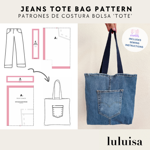 luluisa sewing patterns, designerluisa patrones de costura tote bag, tote bag jeans sewing pater, upcycled jeans tote bag, reciclaje de pantalones de mezclilla en una bolsa de jeans