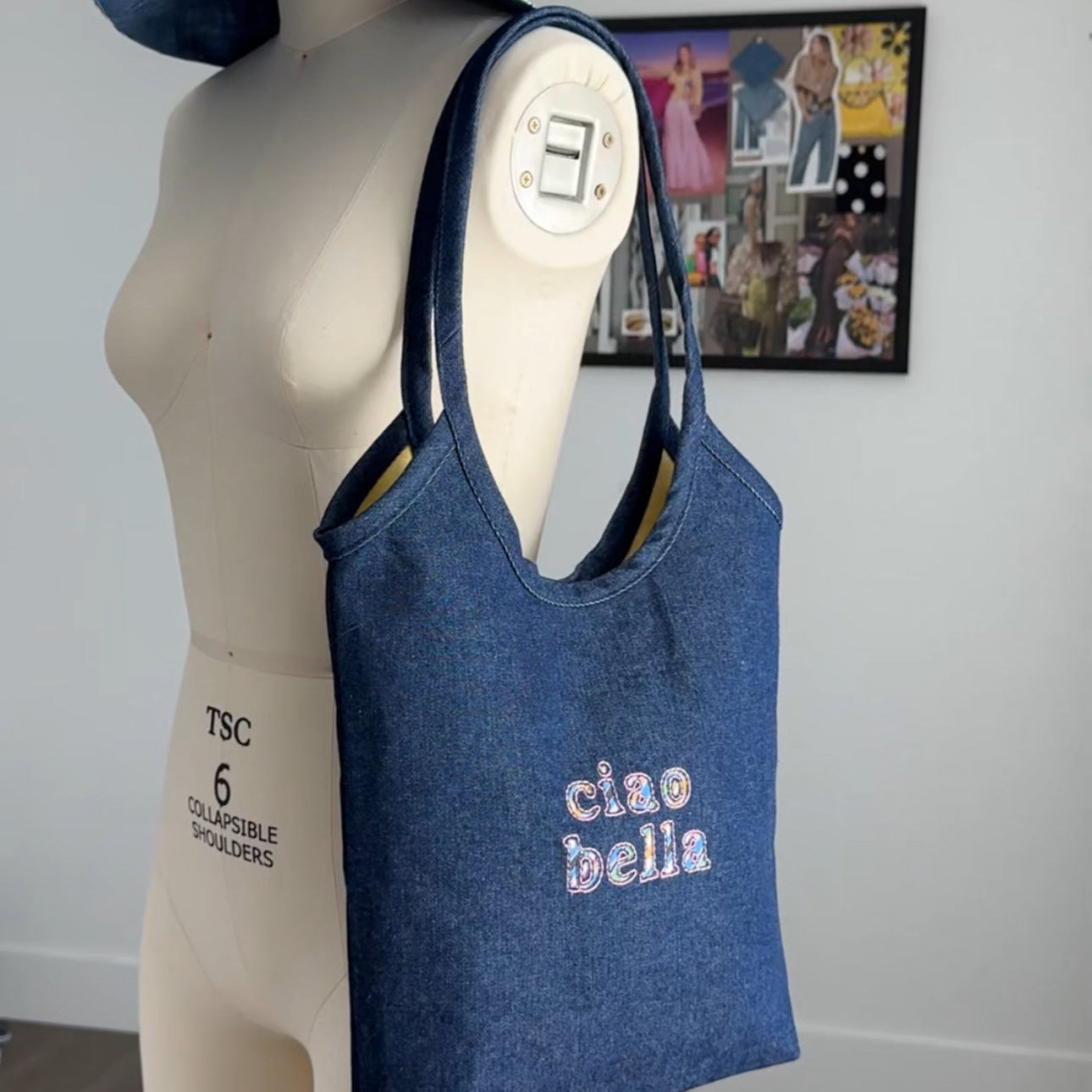 tote bag ciao bella-dark blue denim on mannequin